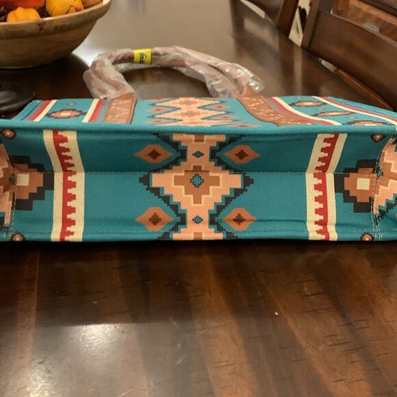 Wrangler Southwestern Pattern Dual Sided Print Canvas Wide Tote - Turquoise - Picture 8 of 14